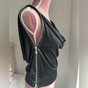 Draped Black Sleeveless Top with Side Zip